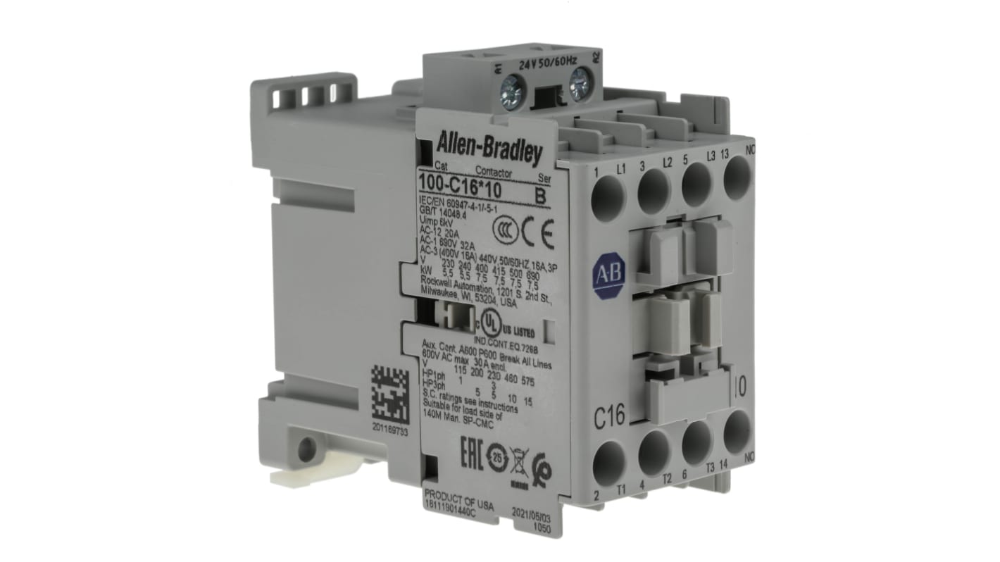 Allen Bradley 100-C16KJ10, contattore per motori 3 poli, 16 A, 24 V c.a., dimensioni 45x81x86,5 mm, grado di protezione IP2X.