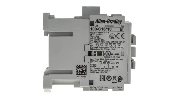 Allen Bradley 100-C16KJ10, contattore per motori 3 poli, 16 A, 24 V c.a., dimensioni 45x81x86,5 mm, grado di protezione IP2X.