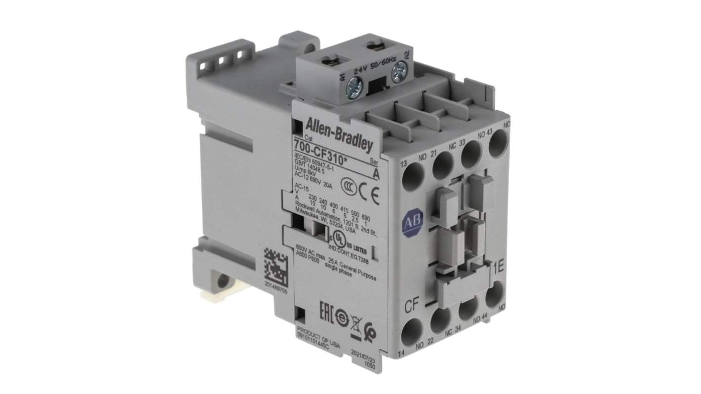 Contattore Allen Bradley 700-CF310KJ, 4 poli, 3NO + 1NC, 10 A, bobina 24 V c.a., montaggio su guida DIN, dimensioni 80.5x45x81 mm.