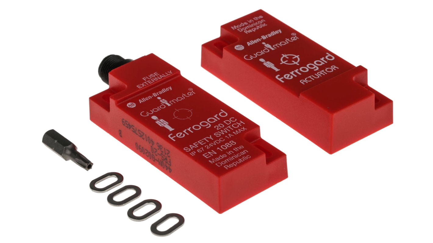 Interruttore di sicurezza senza contatto Allen Bradley Guardmaster 440N-G02090, 24V cc, IP67, dimensioni 76x30x15mm, colore rosso.