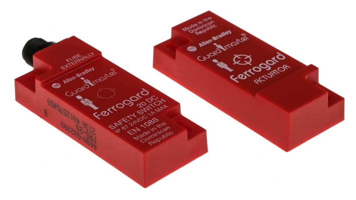 Interruttore di sicurezza senza contatto Allen Bradley Guardmaster 440N-G02090, 24V cc, IP67, dimensioni 76x30x15mm, colore rosso.