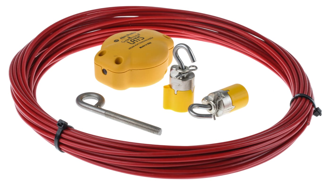 Allen Bradley Guardmaster, kit di installazione per interruttore a fune 440E, include tenditore, gripper, fune 15m e accessori. Forza di tenuta 500N, installazione rapida in 3 minuti.