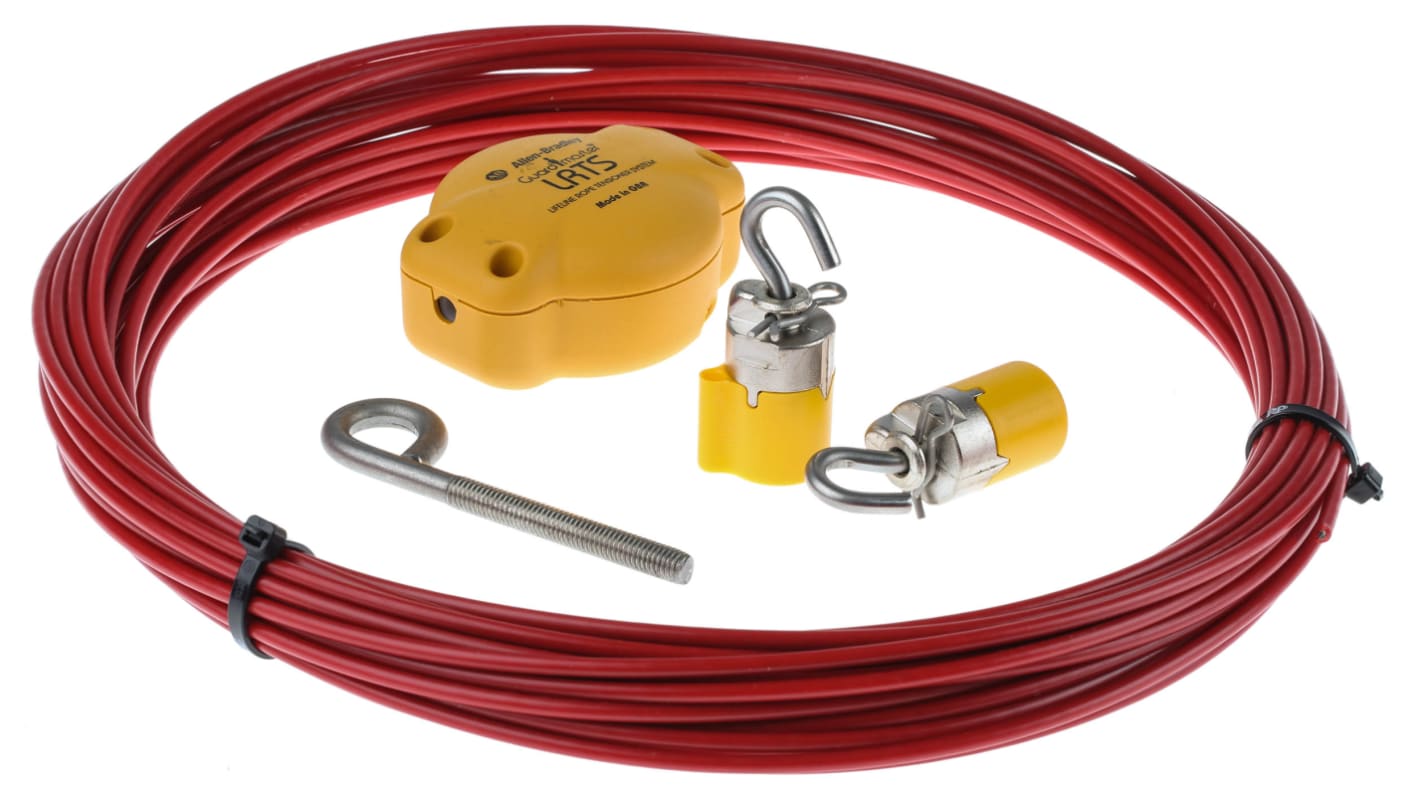 Allen Bradley Guardmaster, kit di installazione per interruttore a fune 440E, include tenditore, gripper, fune 30m e accessori. Forza di tenuta 500N, installazione rapida.