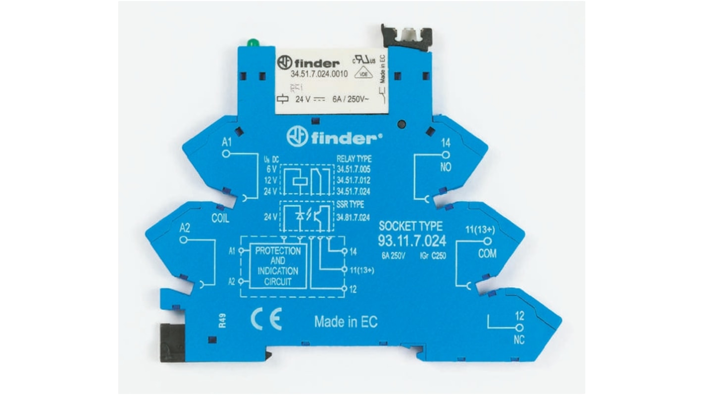 Finder 38.61.7.012.0050, relè d'interfaccia SPDT per guida DIN, bobina 12V cc, dimensioni 93x6,2x75,6 mm.