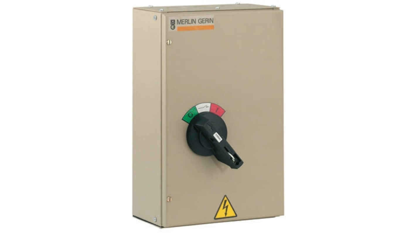 Sezionatore con interruttore Schneider Electric MGFA1003C, corrente massima 100A, 3 + N, contenitore metallico, manopola rotante, neutro escludibile.