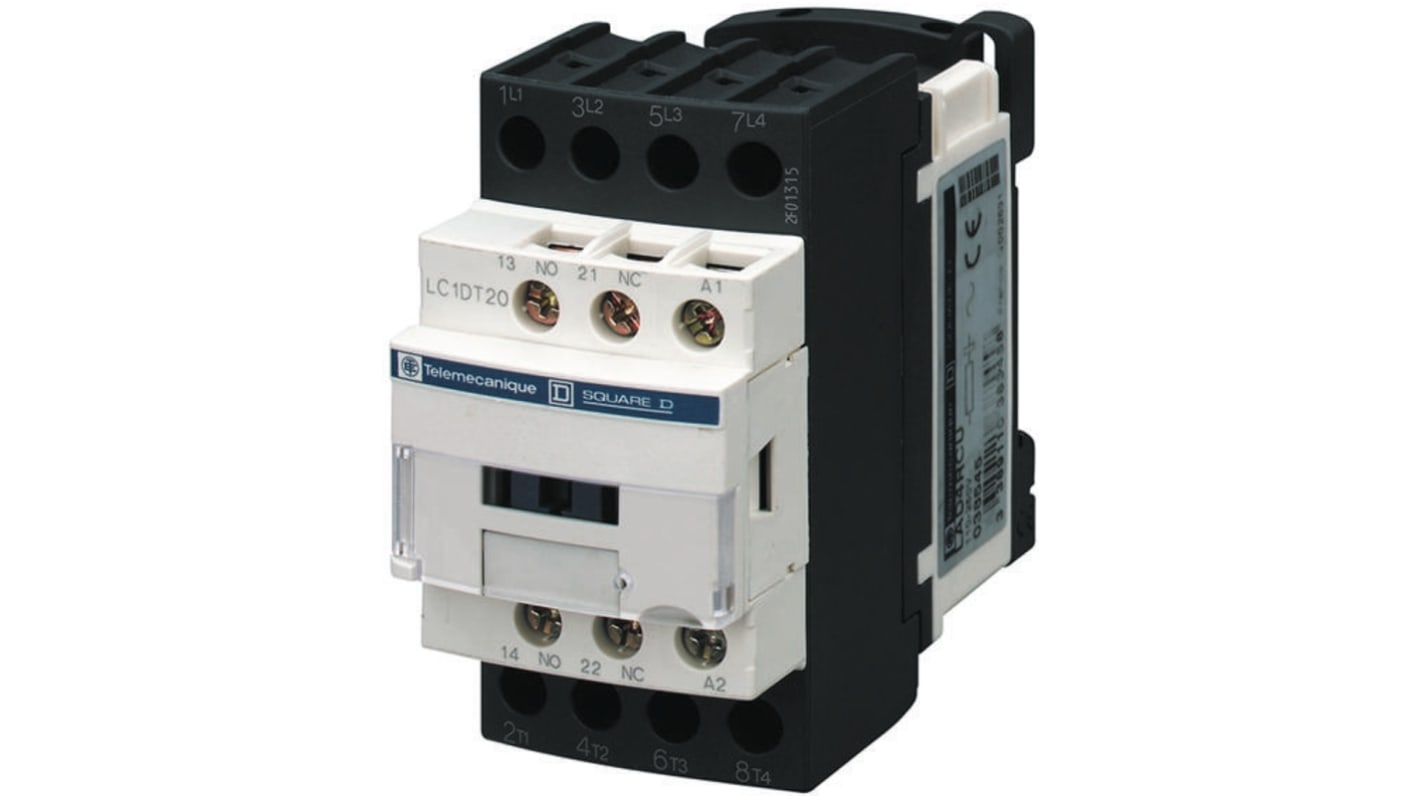 Contattore Schneider Electric LC1D098ED, 4 poli, 2 NO + 2 NC, 9 A, 48 V c.c., dimensioni 85x45x99 mm, grado di protezione IP20.