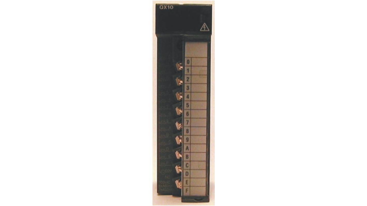 Modulo I/O Mitsubishi Electric QX10 per serie MELSEC Q, 16 ingressi digitali 110 V c.a., dimensioni 98 x 27,4 x 90 mm.