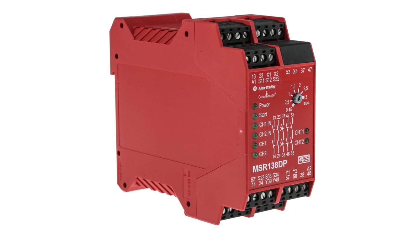 Relè di sicurezza Rockwell Automation 440R-M23143, uscite immediate e ritardate, monitoraggio guasti, 24V ca/cc. Ideale per sistemi di controllo della sicurezza industriale.