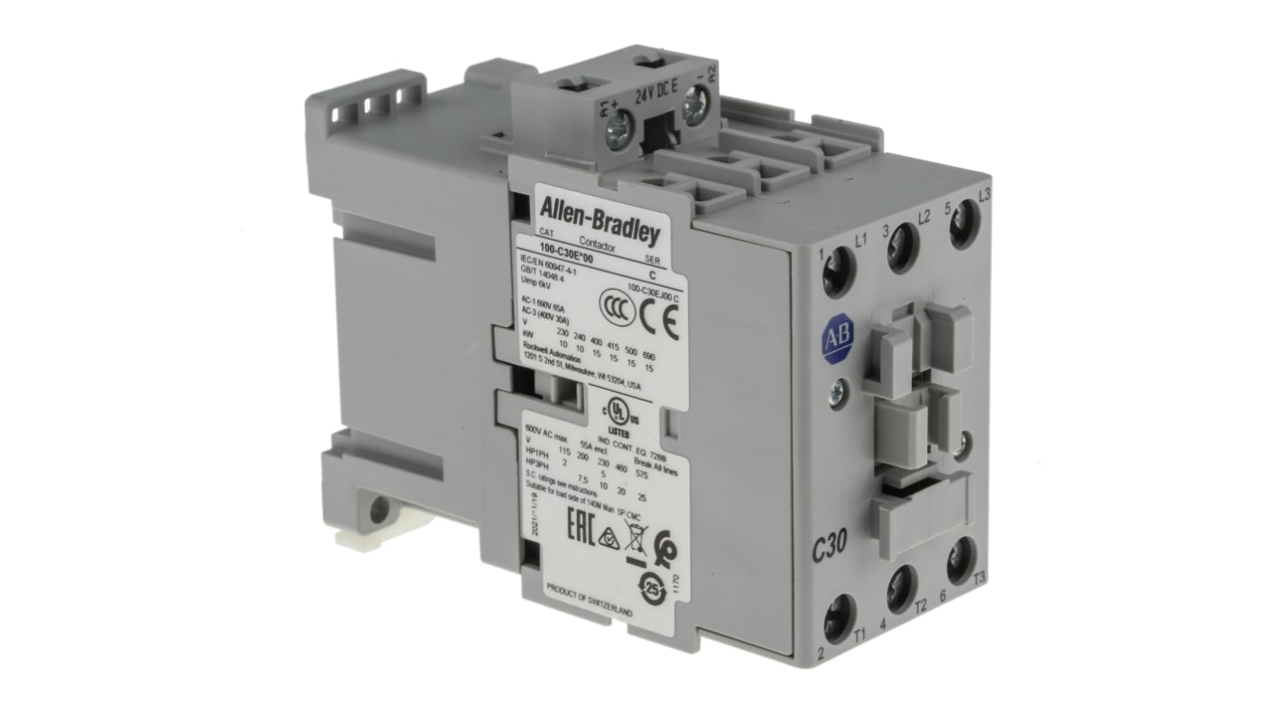 Allen Bradley 100-C30EJ00, contattore per motori 3 poli, 30 A, 24 V c.c., montaggio su guida DIN, dimensioni 81x45x104 mm.