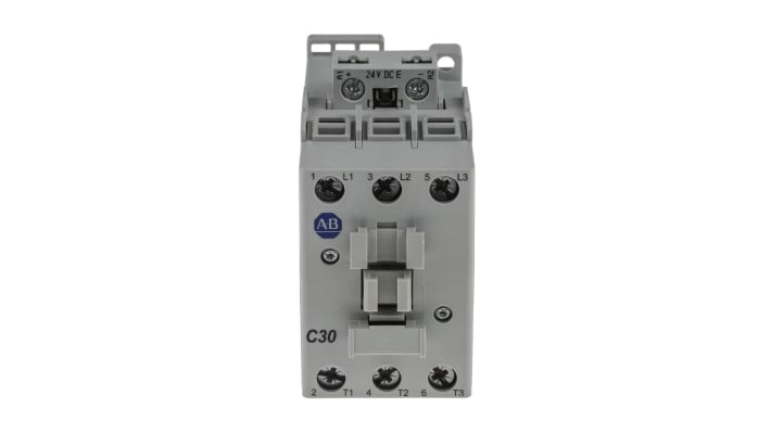 Allen Bradley 100-C30EJ00, contattore per motori 3 poli, 30 A, 24 V c.c., montaggio su guida DIN, dimensioni 81x45x104 mm.