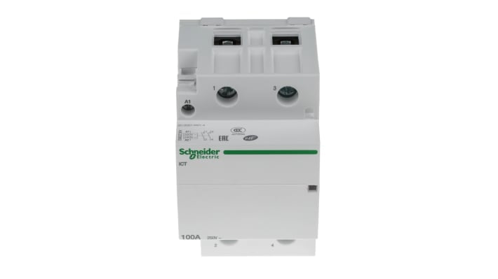Contattore Schneider Electric A9C20882, 2 poli, 100 A, bobina 230 V, montaggio su guida DIN, dimensioni 54x85x68 mm.
