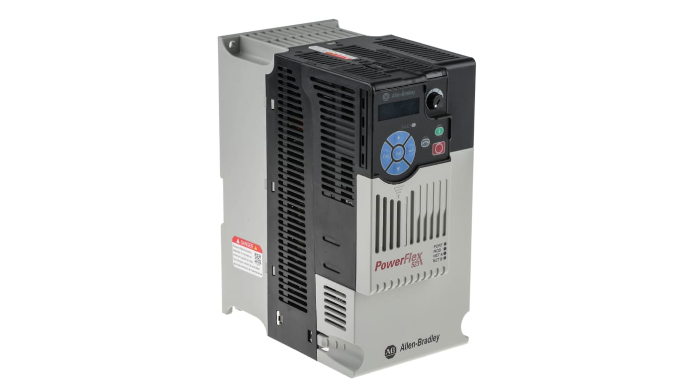 Inverter trifase Allen Bradley 25A-D017N114, potenza 7,5 kW, dimensioni 220x184x109 mm, grado di protezione IP20.