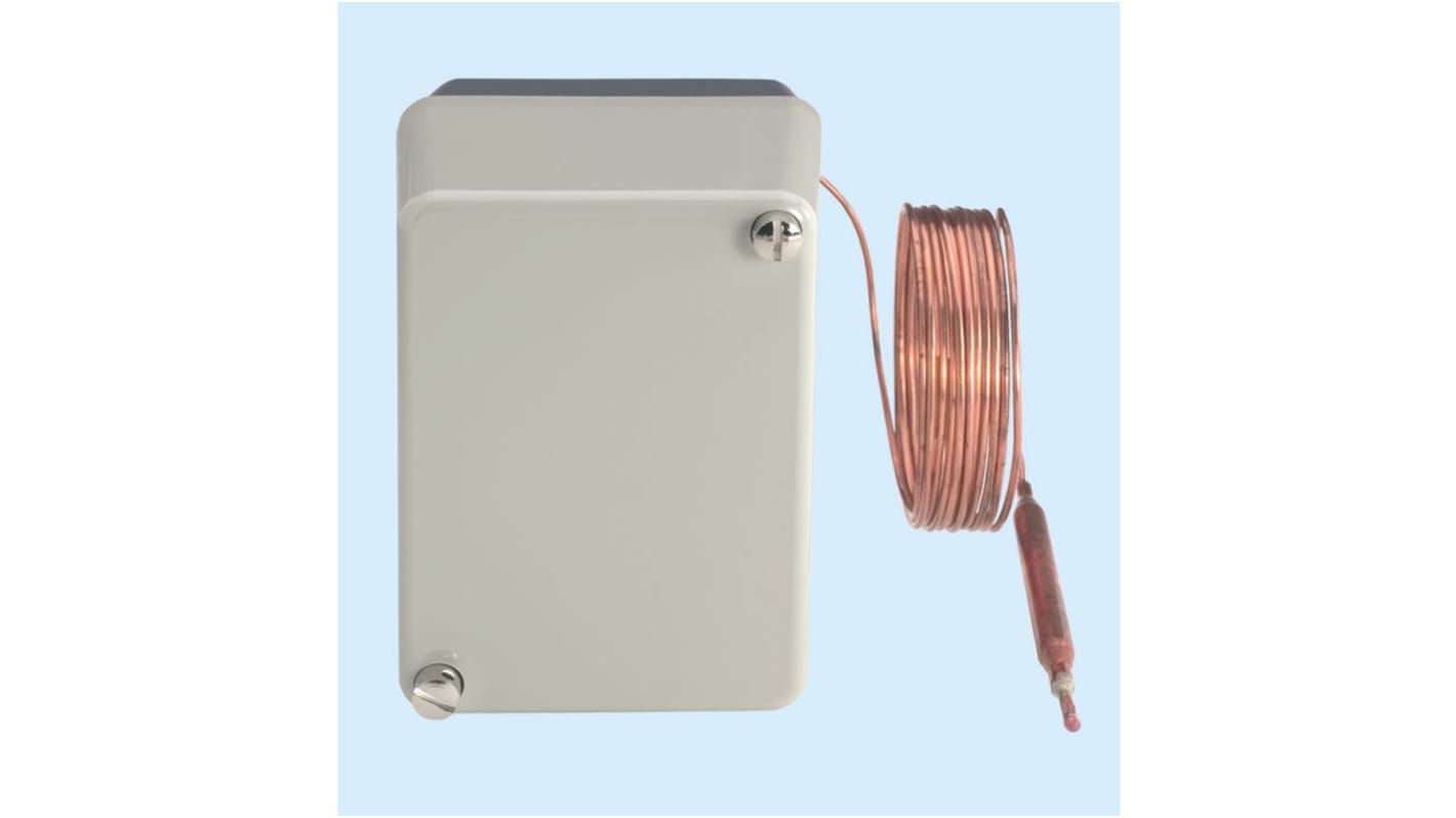Termostato capillare Jumo, SPST, regolazione interna, 50-300°C, montaggio superficiale, contatto 230V, reset manuale.