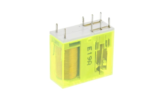 Finder 50.12.9.048.1000, relè DPDT a contatti guidati, tensione 48V cc, montaggio su PCB, dimensioni 29x25x12.4mm.