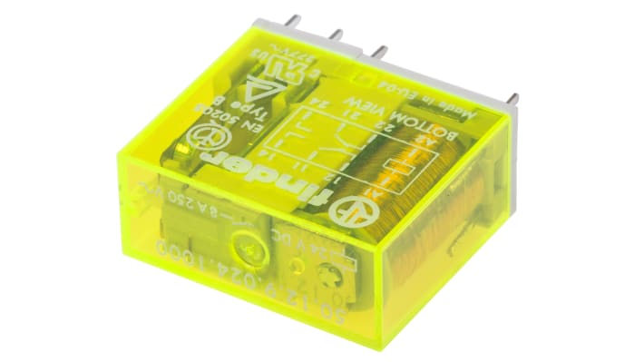 Finder 50.12.9.024.1000, relè DPDT per montaggio su PCB, 24V cc, 8A, dimensioni 29x25x12.4mm, isolamento 6kV.