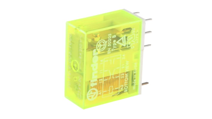 Finder 50.12.9.005.1000, relè DPDT a contatti guidati per montaggio su PCB, 5V cc, 8A, dimensioni 29x12.4x25mm.
