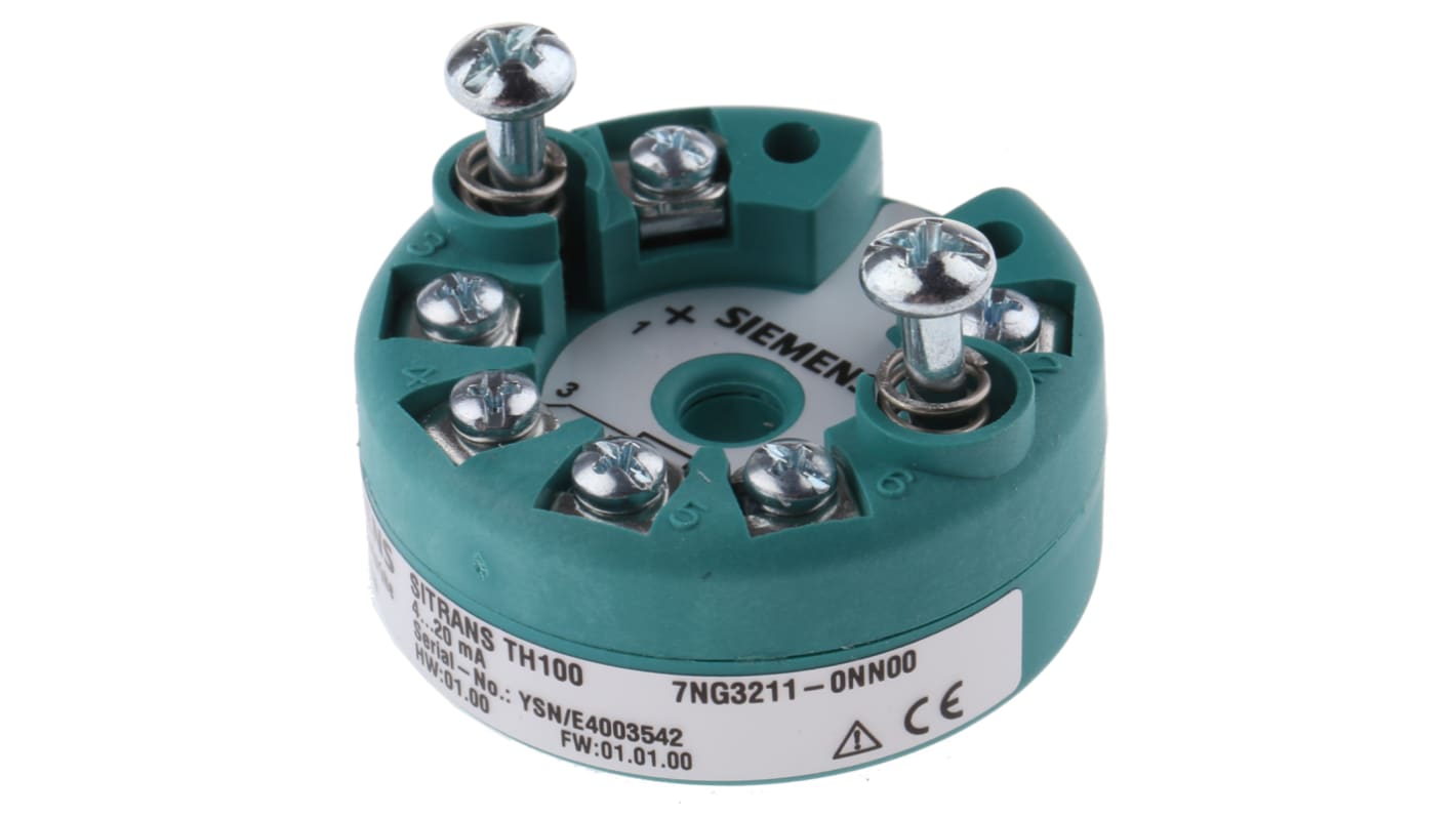 Trasmettitore di temperatura Siemens 7NG3211-0NN00, ingresso PT100, gamma -40 °C/+1050 °C, dimensioni 44 mm di diametro.
