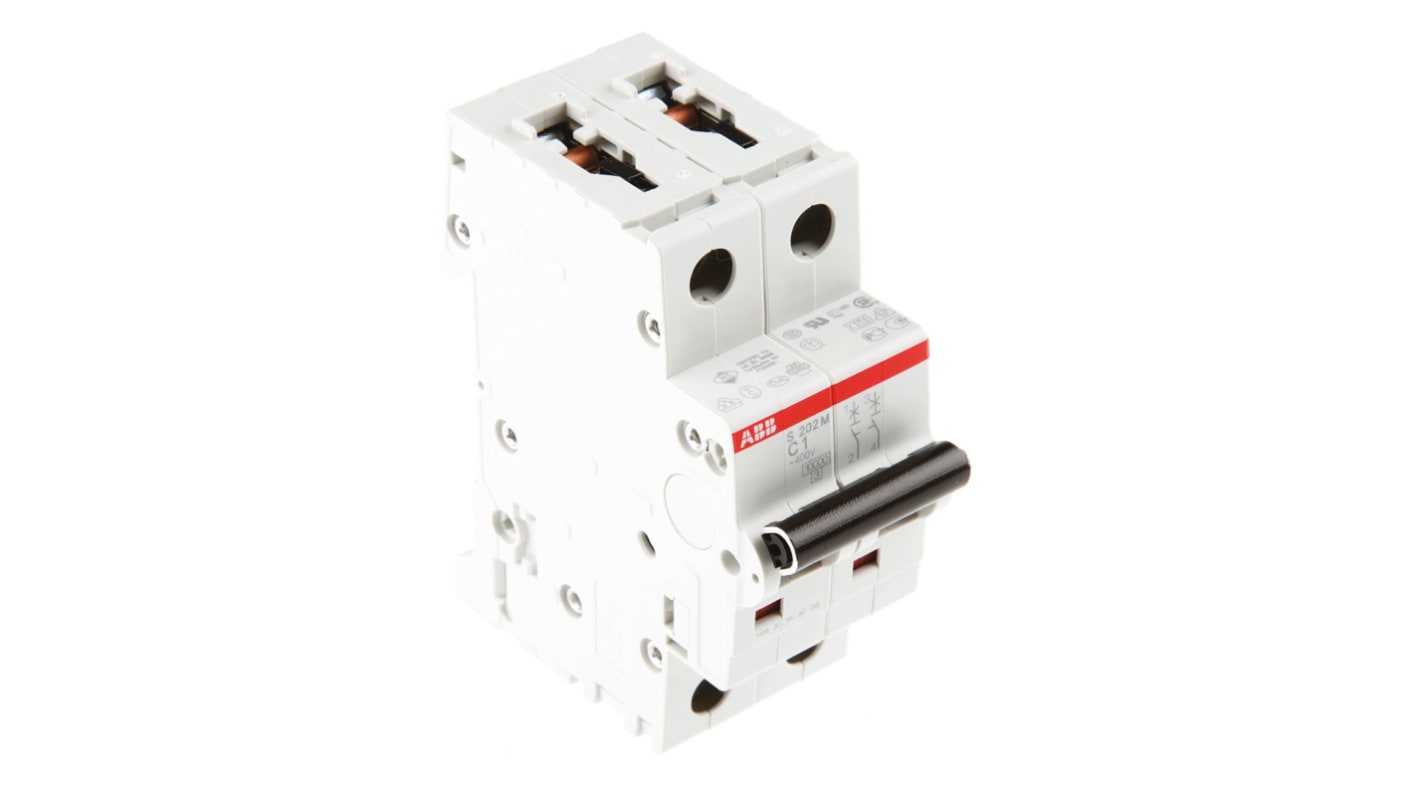 Interruttore magnetotermico ABB S202M-C1, 2 poli, 1A, montaggio su guida DIN, dimensioni 88x35x76 mm.
