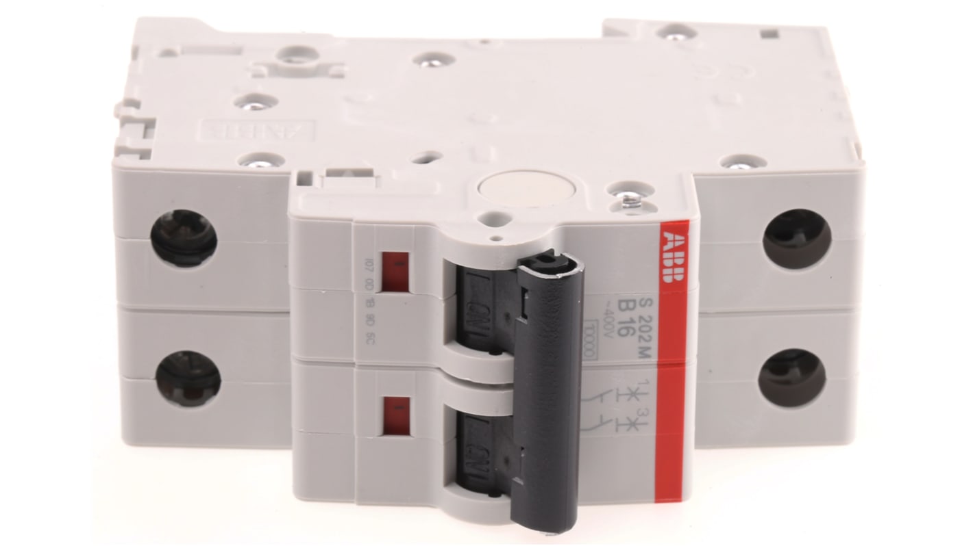 Interruttore magnetotermico ABB S202M-B16, Tipo B, 2 poli, 16A, montaggio su guida DIN, dimensioni 69 x 35 x 88 mm.