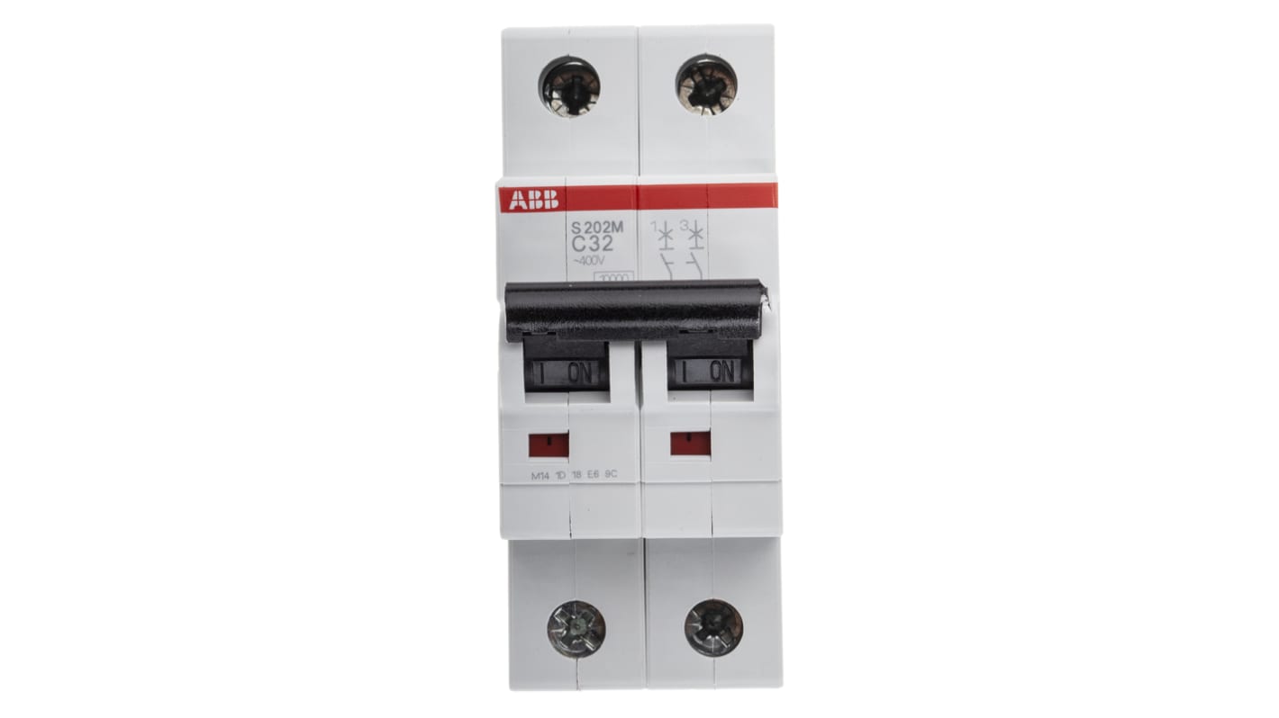 Interruttore magnetotermico ABB S202M-C32, 2 poli, 32 A, montaggio su guida DIN, larghezza 35 mm, capacità di interruzione 10 kA.