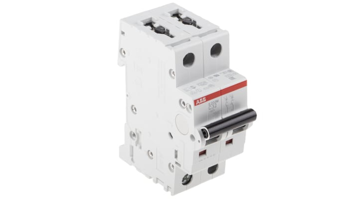 Interruttore magnetotermico ABB S202M-C32, 2 poli, 32 A, montaggio su guida DIN, larghezza 35 mm, capacità di interruzione 10 kA.