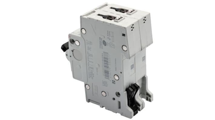 Interruttore magnetotermico bipolare ABB S202M-C8, 8A, 10 kA, montaggio su guida DIN, dimensioni 35mm x 88mm x 76mm.