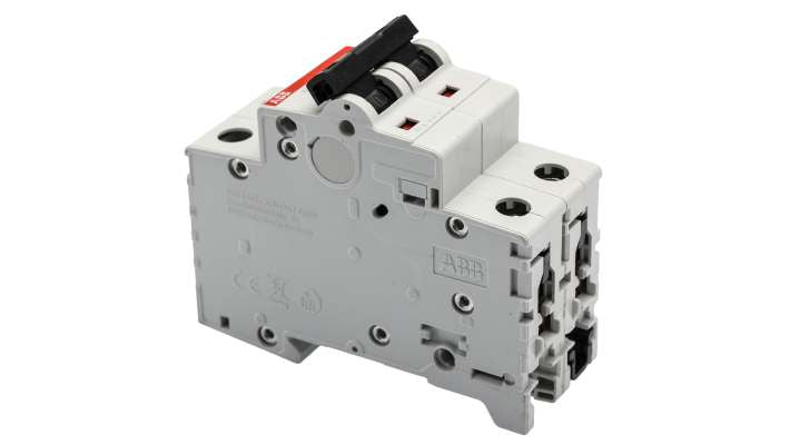 Interruttore magnetotermico bipolare ABB S202M-C8, 8A, 10 kA, montaggio su guida DIN, dimensioni 35mm x 88mm x 76mm.