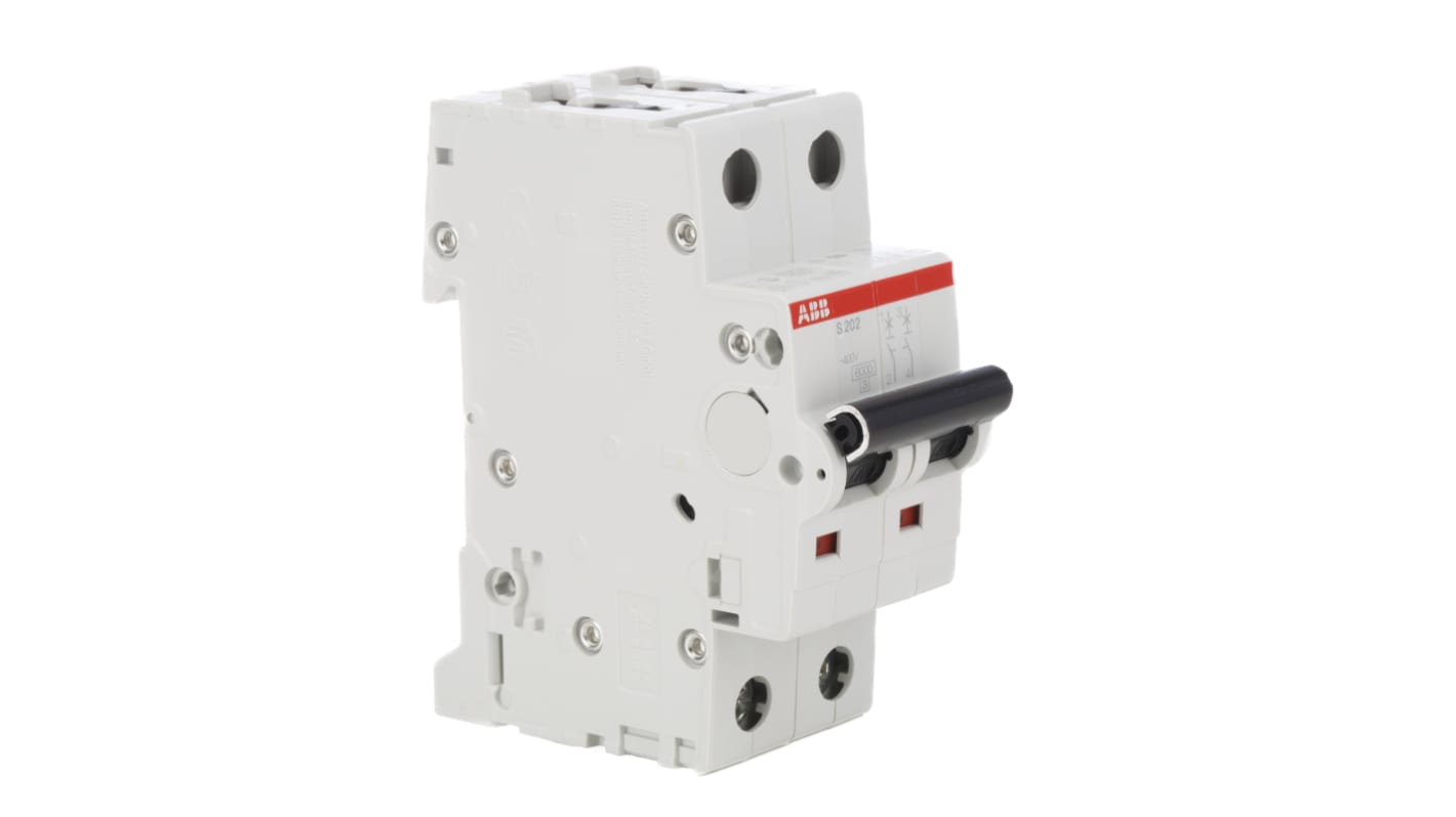 Interruttore magnetotermico ABB S202M-C2, 2 poli, 2 A, Tipo C, montaggio su guida DIN, dimensioni 88x35x76 mm, IP20.