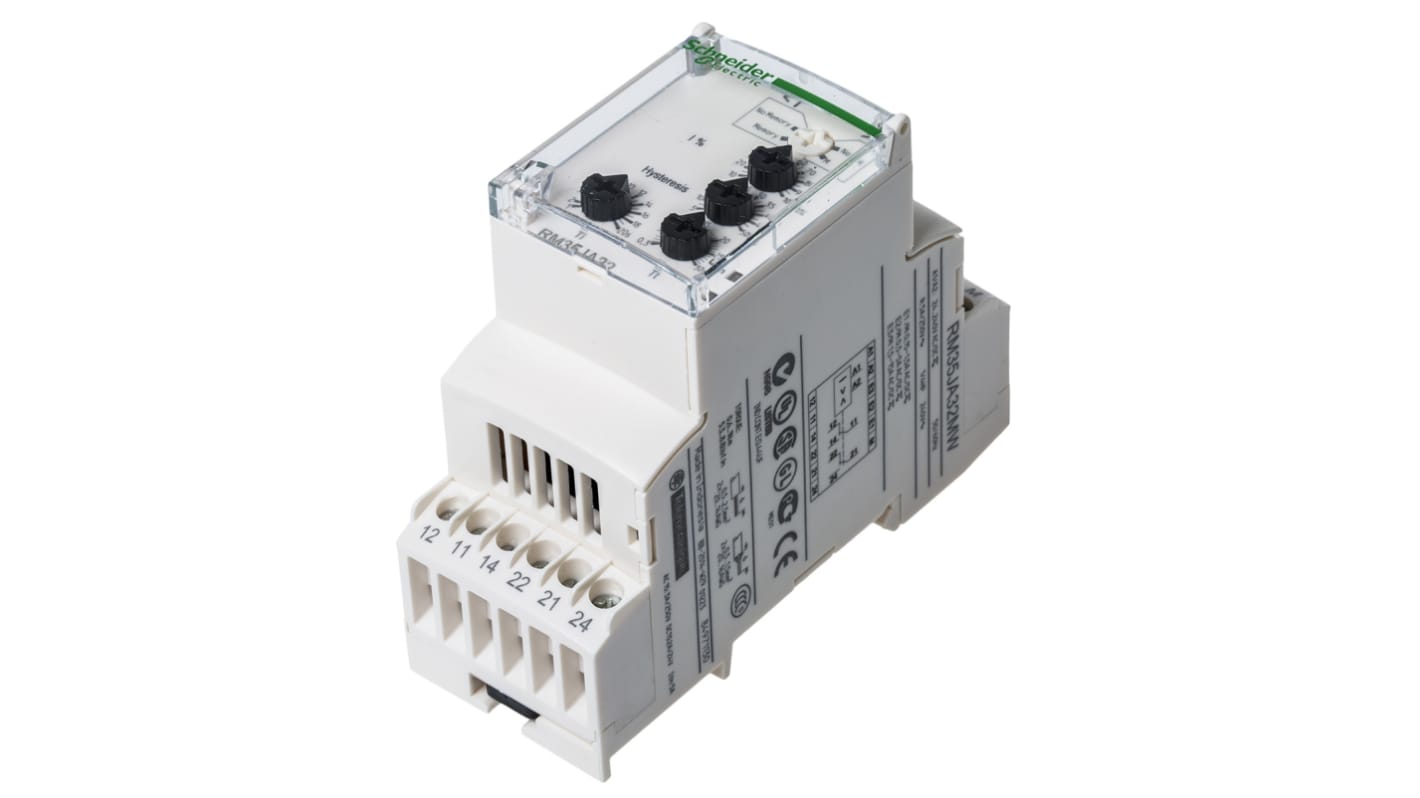 Relè di monitoraggio corrente Schneider Electric RM35JA32MW: DPDT, riconoscimento AC/DC, montaggio su guida DIN. Ideale per circuiti di riscaldamento e illuminazione. Ampie capacità di misurazione.