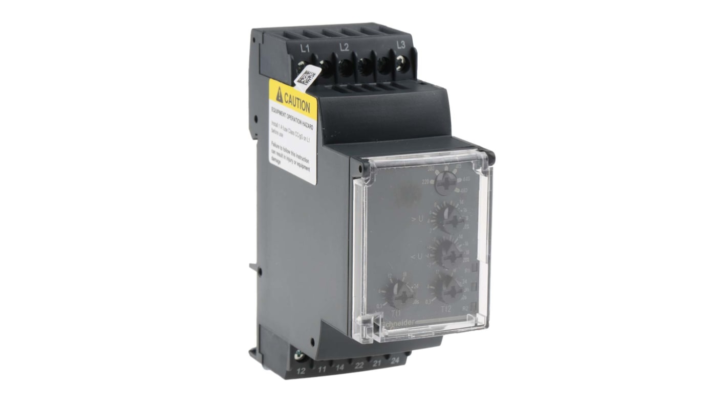 Relè di controllo tensioni trifase RM35UB330 Schneider Electric - Serie Harmony Control. Monitoraggio sovratensioni, sottotensioni e asimmetrie. Montaggio su guida DIN, LED di visualizzazione. Conforme agli standard NF EN 60255-6 e IEC 60255-6.