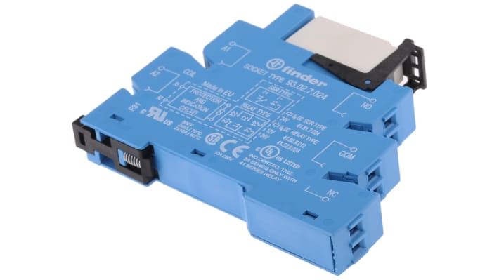 Finder 38.52.7.024.0050, relè d'interfaccia DPDT per guida DIN, 24V cc, 8A, dimensioni 89.7 x 14 x 77.1 mm.