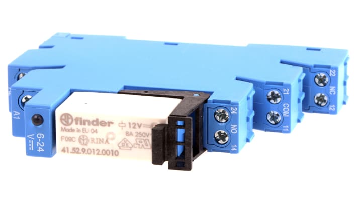 Finder 38.52.7.012.0050, relè d'interfaccia DPDT per guida DIN, bobina 12V cc, dimensioni 89,7 x 14 x 77,1 mm.