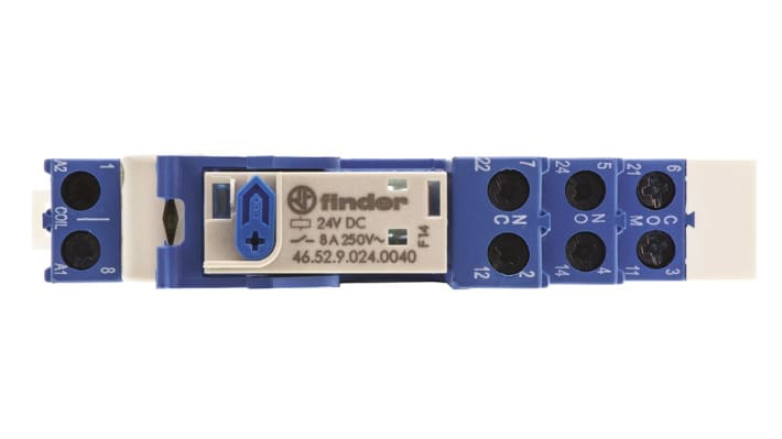 Finder Relè d'interfaccia 4C, modulo per guida DIN, bobina 24V cc, contatti DPDT, dimensioni 81 x 15.8 x 64.6 mm.