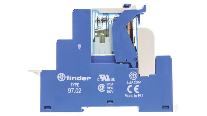 Finder Relè d'interfaccia 4C, modulo per guida DIN, bobina 24V cc, contatti DPDT, dimensioni 81 x 15.8 x 64.6 mm.