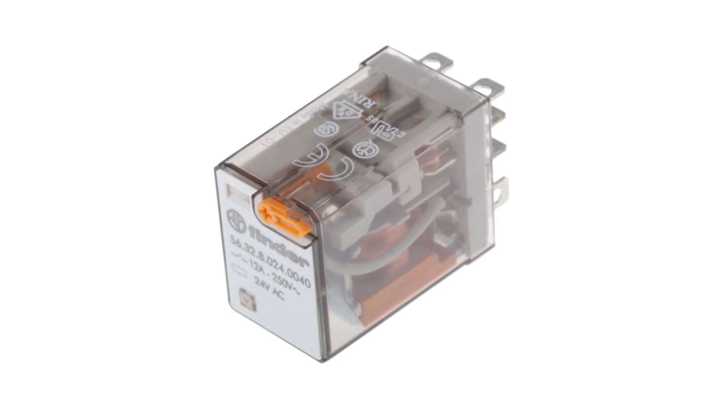 Finder 56.32.8.024.0040, relè DPDT 24V, corrente 12A, dimensioni 37,7x27,7x20,7 mm, attacco rapido, temperatura -40°C/+70°C.