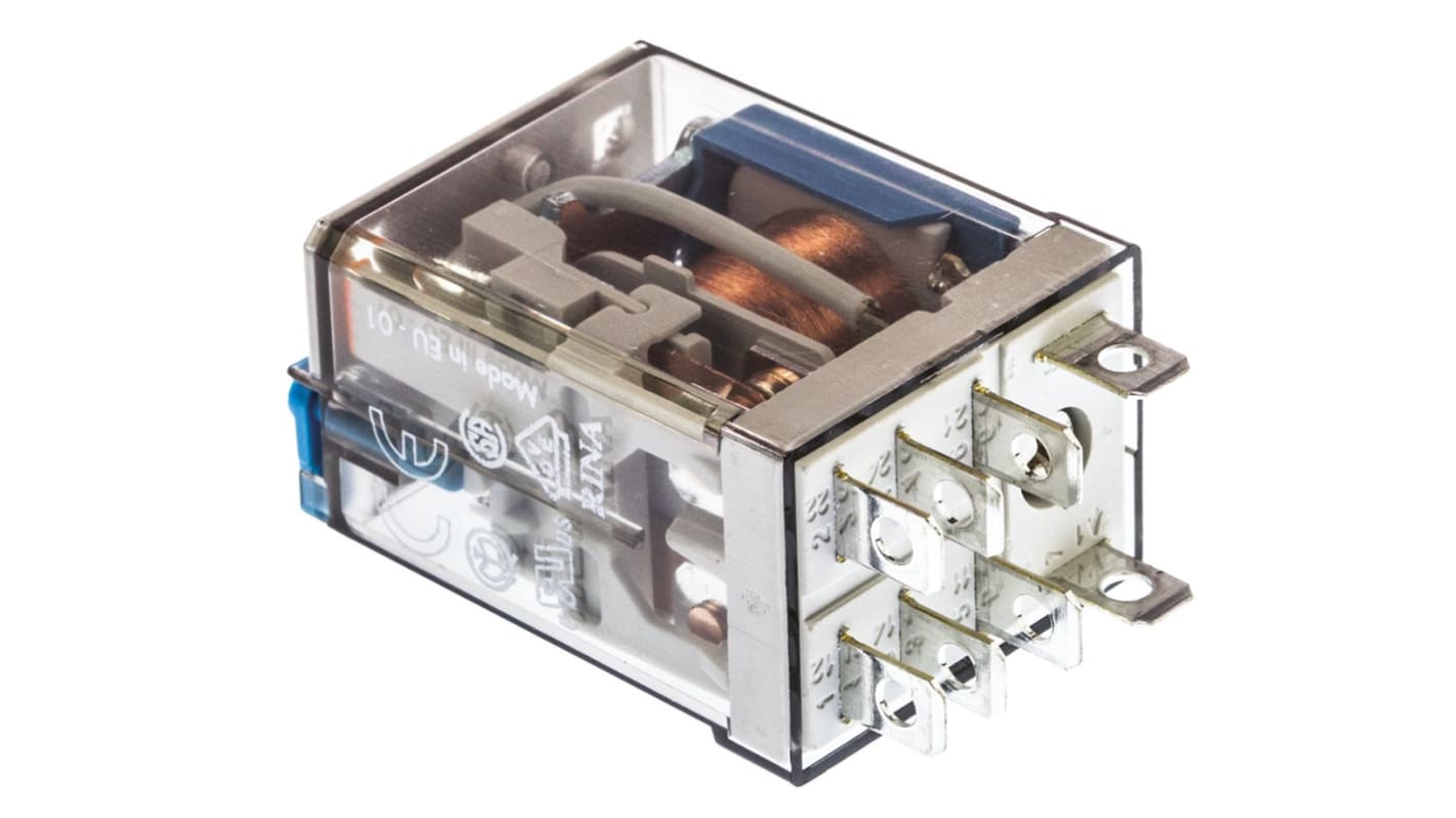 Finder 56.32.9.024.0040, relè DPDT 24V cc, corrente 12A, dimensioni 27.7x20.7x37.2 mm, contatti in argento-nichel.