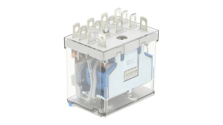 Finder 56.34.9.012.0040, relè di potenza 4PDT, bobina 12V cc, corrente 12A, dimensioni 37,6 x 27,7 x 40,8 mm.