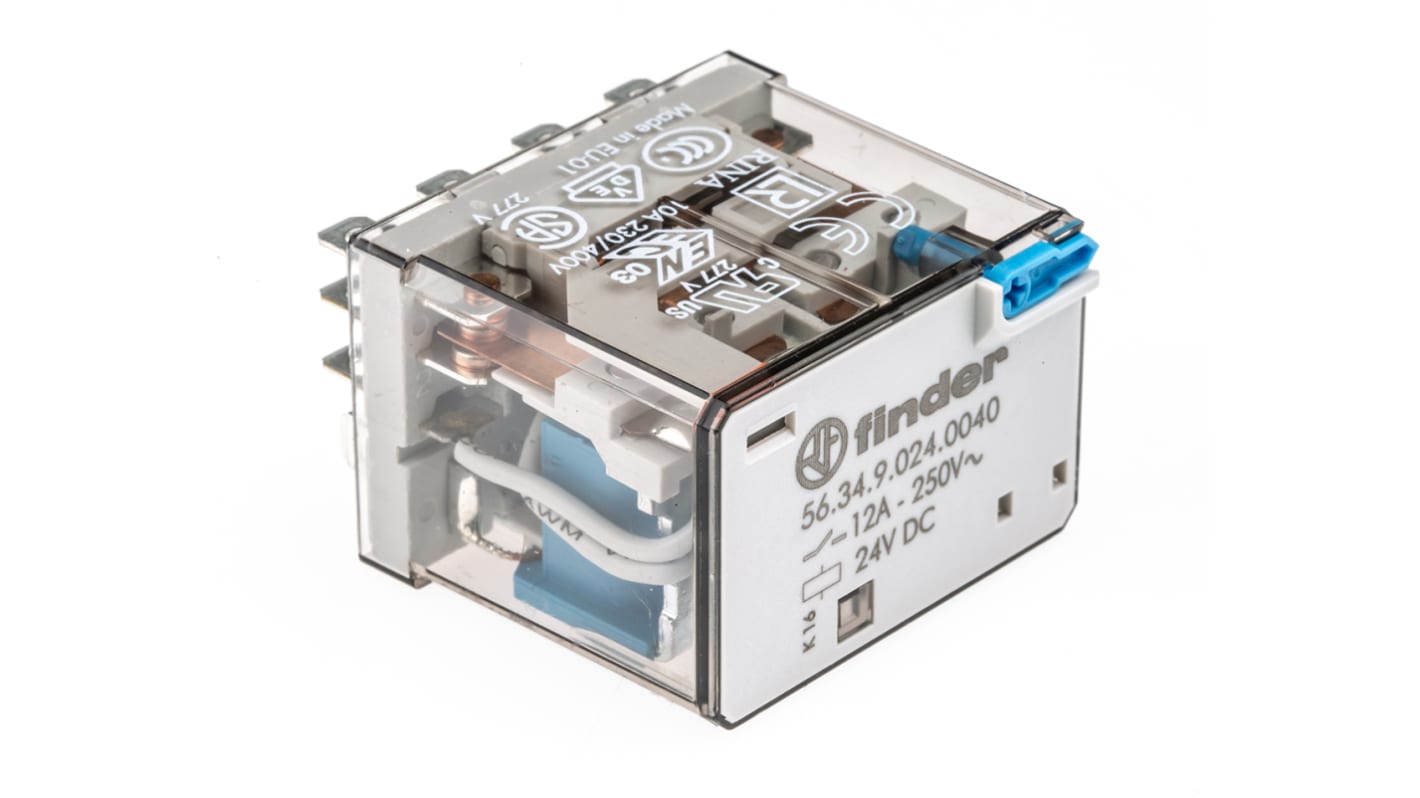 Finder 56.34.9.024.0040, relè di potenza 4PDT, bobina 24V cc, corrente 12A, dimensioni 27.7 x 40.8 x 37.1 mm.