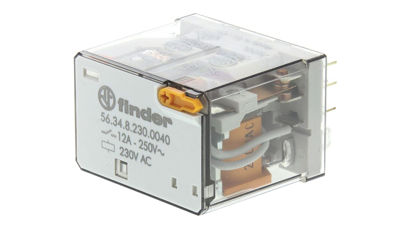 Finder 56.34.8.230.0040, relè di potenza 4PDT, tensione 230V, corrente 12A, montaggio a innesto, dimensioni 37,6x27,7x40,8 mm.