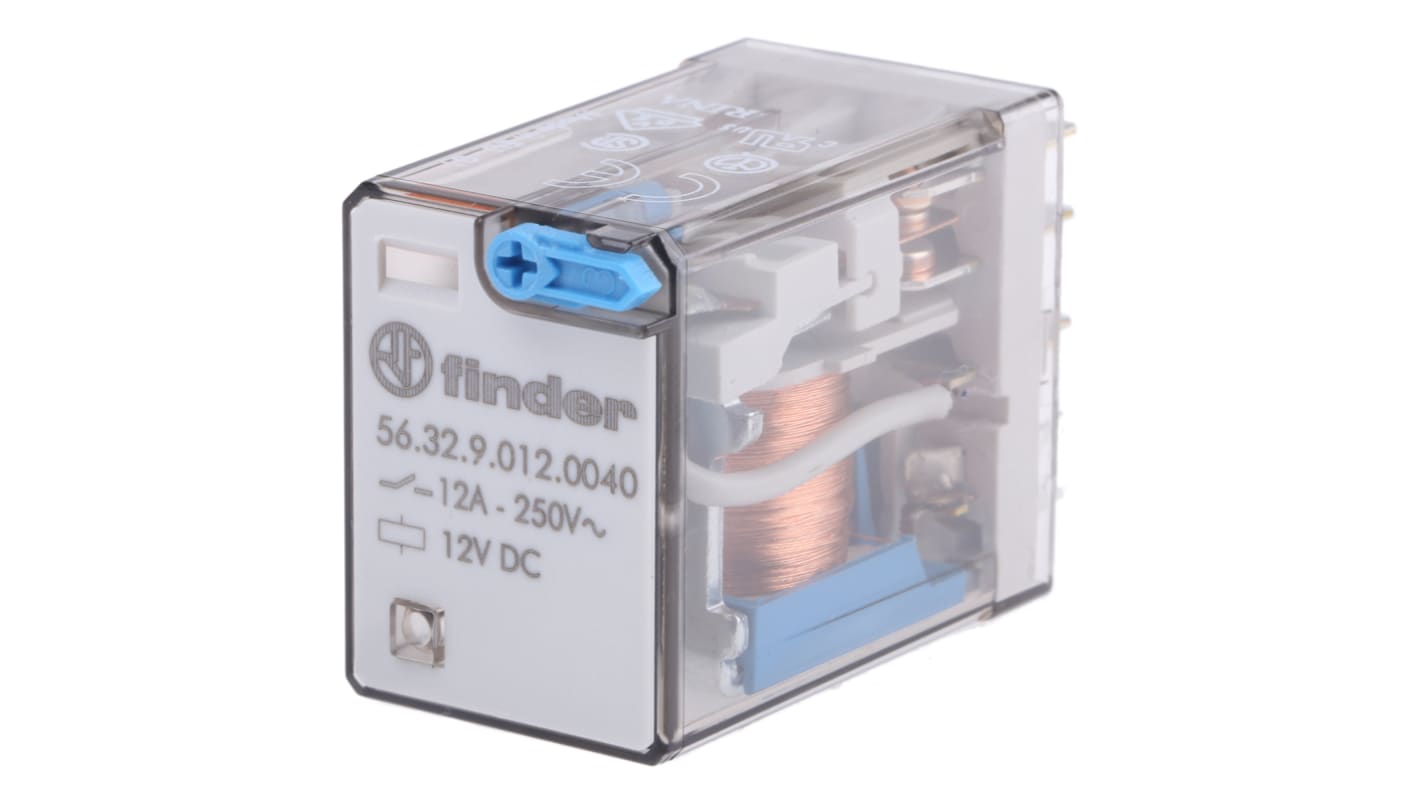 Finder 56.32.9.012.0040, relè DPDT 12V cc, corrente 12A, dimensioni 27.7 x 37.2 x 20.7 mm, contatti in argento-nichel.