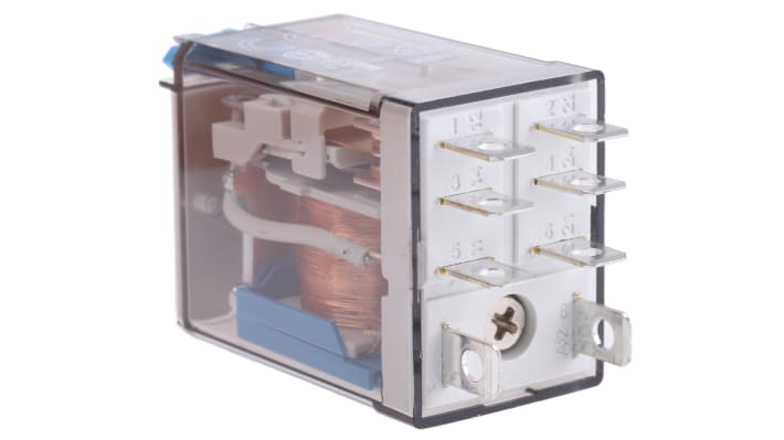 Finder 56.32.9.012.0040, relè DPDT 12V cc, corrente 12A, dimensioni 27.7 x 37.2 x 20.7 mm, contatti in argento-nichel.