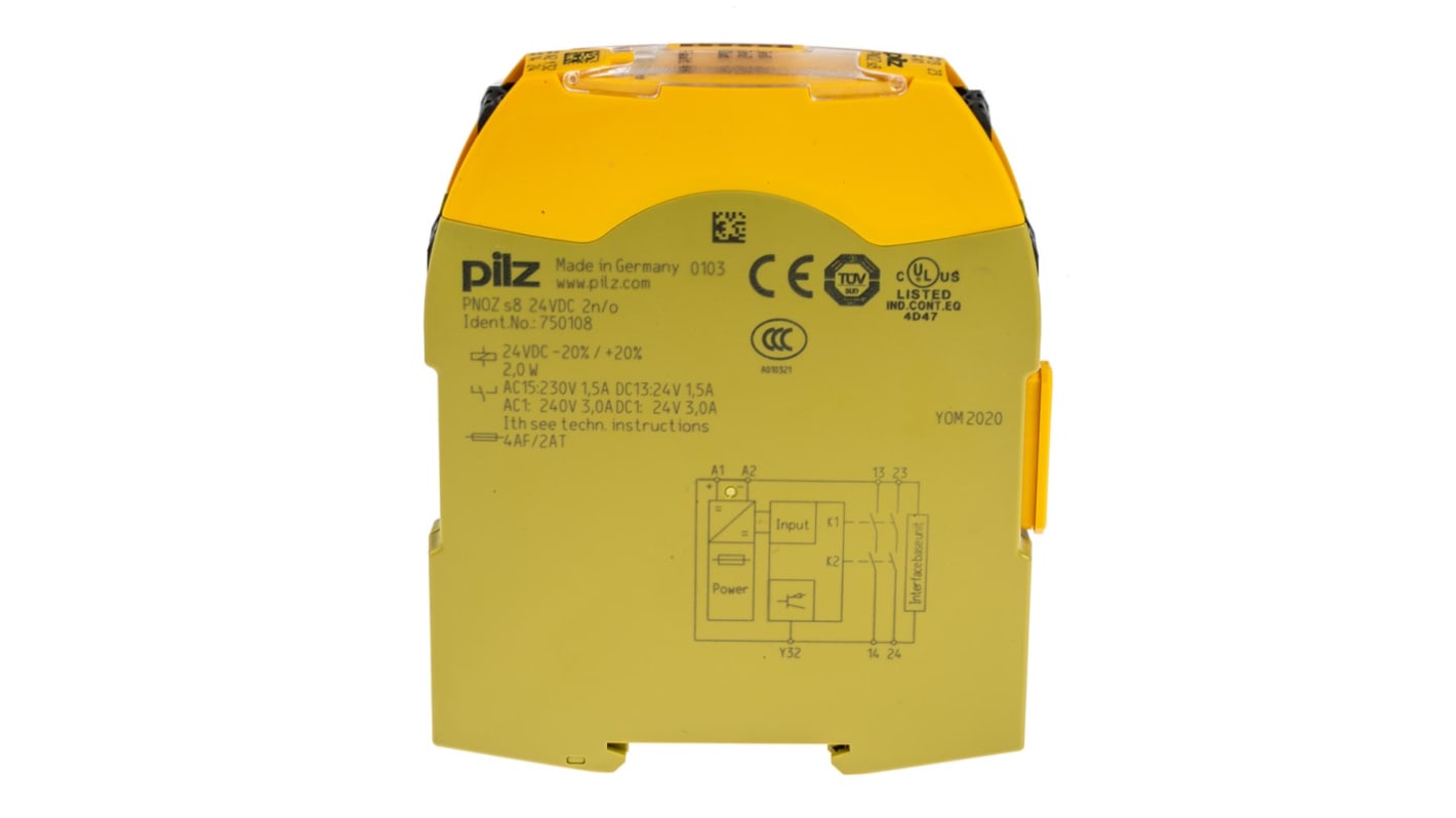 Modulo d'uscita Pilz 750108 PNOZsigma, 24 V dc, 2NO, 3 uscite, dimensioni 98 x 12.5 x 120 mm, montaggio su guida DIN.