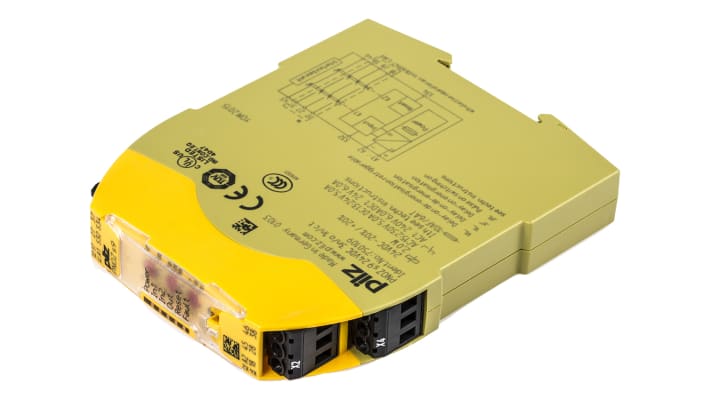 Modulo d'uscita Pilz 750109 PNOZsigma, 24 V c.c., 3 contatti NA, 1 contatto NC, montaggio su guida DIN, dimensioni 96 x 17,5 x 120 mm.