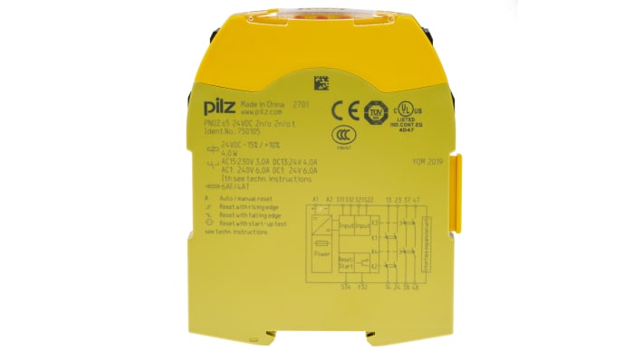 Relè di sicurezza Pilz PNOZ s5, 2 canali, 24V cc, contatti di sicurezza, dimensioni 22.5mm x 120mm x 102mm.