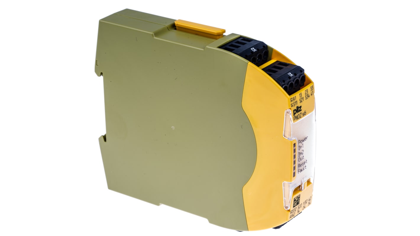 Relè di sicurezza Pilz PNOZ s6, 24V cc, 2 canali, 3 contatti, montaggio su guida DIN, dimensioni 98mm x 22.5mm x 120mm.