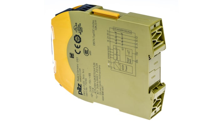 Relè di sicurezza Pilz PNOZ s6, 24V cc, 2 canali, 3 contatti, montaggio su guida DIN, dimensioni 98mm x 22.5mm x 120mm.