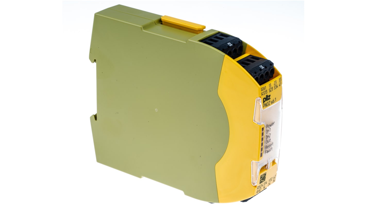 Relè di sicurezza Pilz PNOZ s6.1, 24V cc, 2 canali, 3 contatti, montaggio su guida DIN, dimensioni 98x22.5x120 mm.