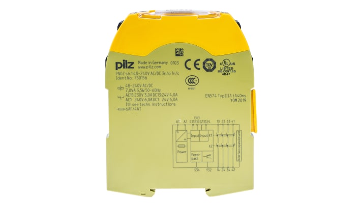 Relè di sicurezza Pilz PNOZ s6.1, 2 canali, 3 contatti di sicurezza, montaggio su guida DIN, dimensioni 22.5mm x 98mm x 120mm.