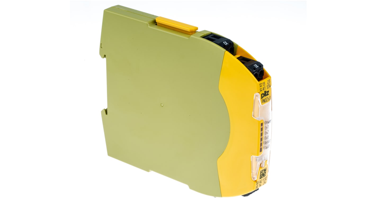 Relè di sicurezza Pilz PNOZ s1, 24V cc, 1 canale, 2 contatti, monitoraggio automatico, dimensioni 12.5mm x 100mm x 120mm.