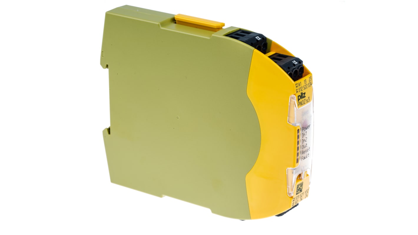 Relè di sicurezza Pilz PNOZ s3, 24V cc, due canali, contatti di sicurezza, dimensioni 17.5x120x102mm.